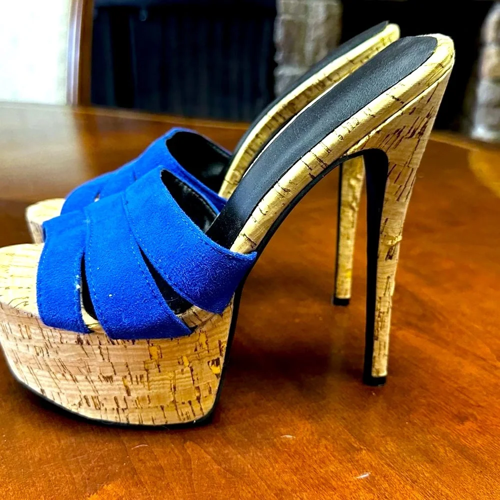 FSJ Blue Suede Cork Platform High Heels